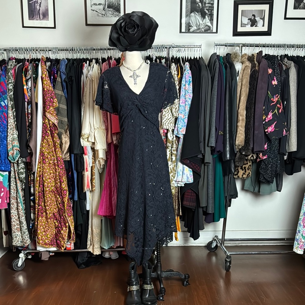 Serendipity Elegant Black Lace Dress with sequins detail.